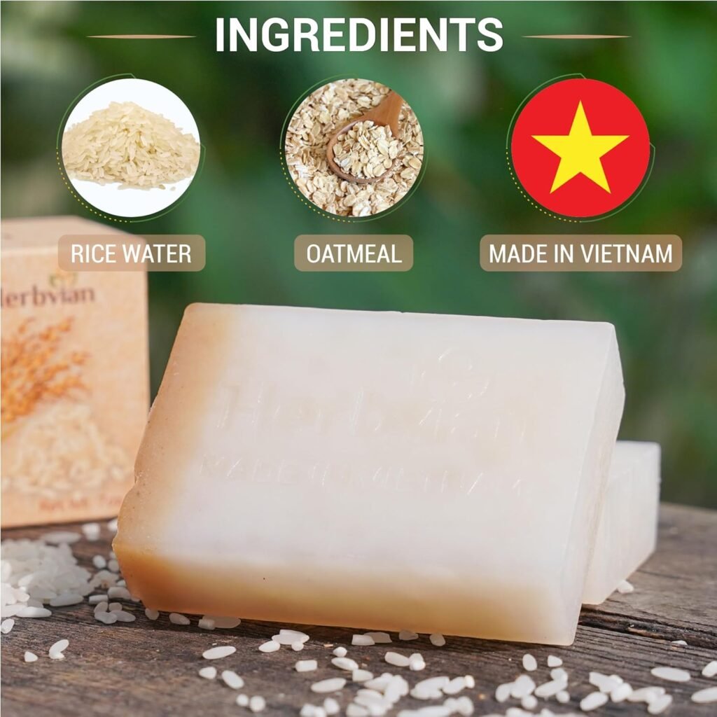 2 Pcs Vietnamese Rice Water Soap Bar for Face Body with Oatmeal Powder, 100% Natural Rice Milk, Exfoliating Bar Soap, Gentle Moisturizing Skin Clenaser, Handmade, Soft Long Lasting