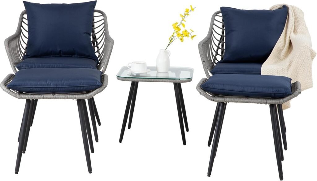 3 Piece Patio Bistro Set, Outdoor Wicker Apartment Balcony Furniture Sets, Rattan Table and Chairs Set of 2 for Porch Backyard Lawn Poolside Deck, Beige
