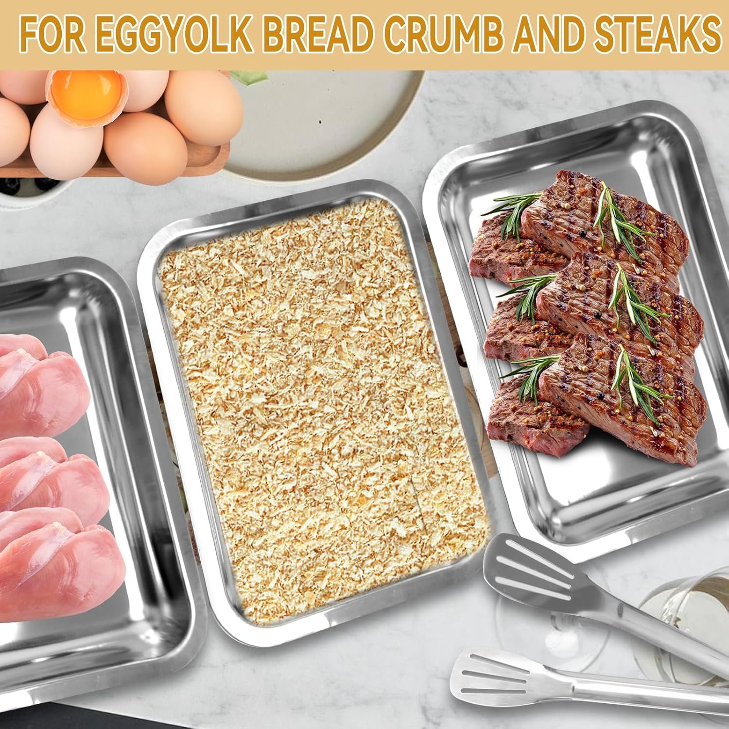 4 pcs breading trays 104 x 77 x 19 inch food prep trays stainless steel breading pans with lids and tong for dredging ch 1