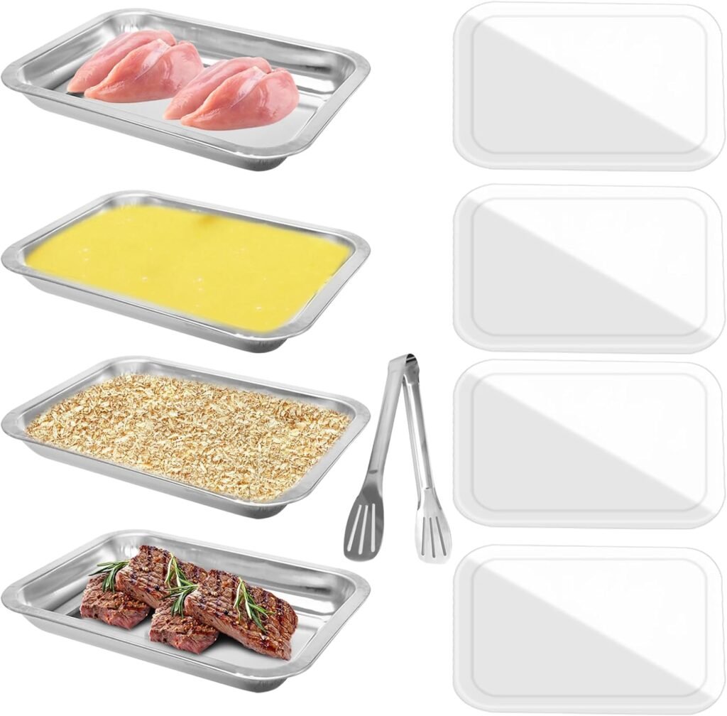 4 Pcs Breading Trays 10.4 x 7.7 x 1.9 Inch Food Prep Trays Stainless Steel Breading Pans with Lids and Tong for Dredging Chicken Breasts Marinating Meat and Serving Dishes