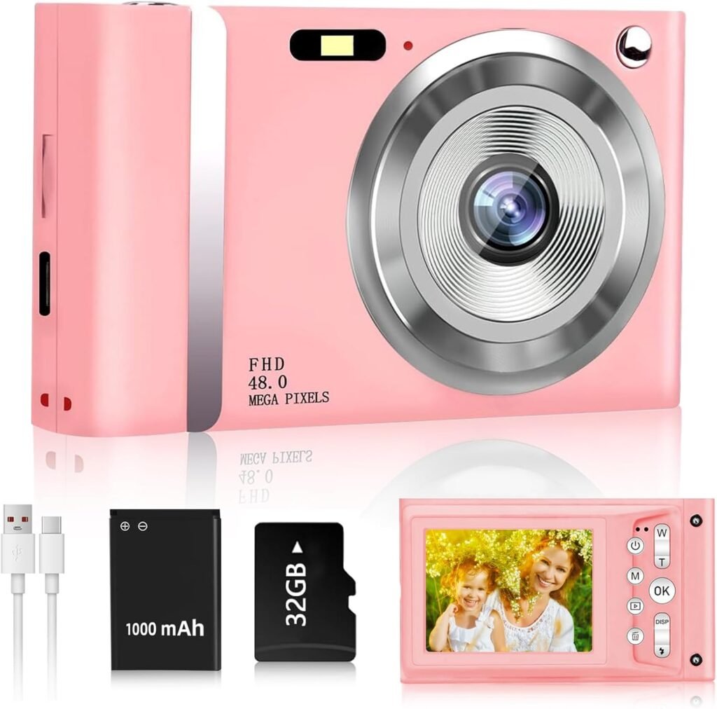 48MP Pink Digital Camera, FHD 1080P Kids Camera Digital Point and Shoot Cameras with 16X Zoom Anti Shake, 2.4 Inch LCD Screen, Compact Small Camera for Girls Kids