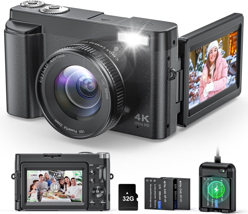4K Digital Camera for Photography and Video, Autofocus Anti-Shake 48MP Vlogging Camera for YouTube, 3 180°Flip Screen Camera with Flash 16X Zoom, Digital Camera with 32GB Card Battery Charger Black
