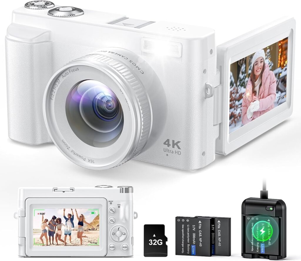 4K Digital Camera for Photography and Video, Autofocus Anti-Shake 48MP Vlogging Camera for YouTube, 3 180°Flip Screen Camera with Flash 16X Zoom, Digital Camera with 32GB Card Battery Charger Black