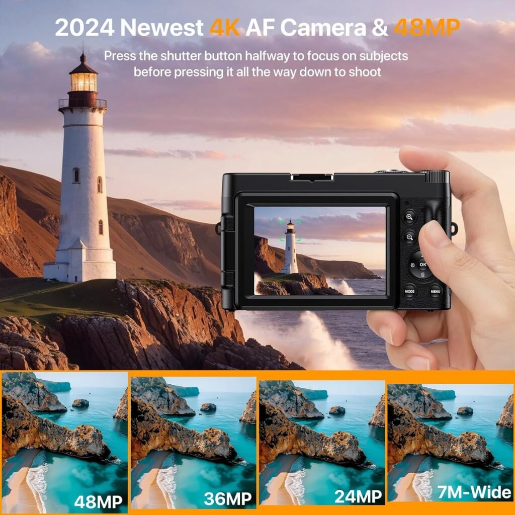 4K Digital Camera for Photography Auto-Focus Vlogging Camera for YouTube Video with 3 180° Flip Screen 16X Anti-Shake 4K Camera Compact Cameras with SD Card, Flash, 2 Batteries  Battery Charger