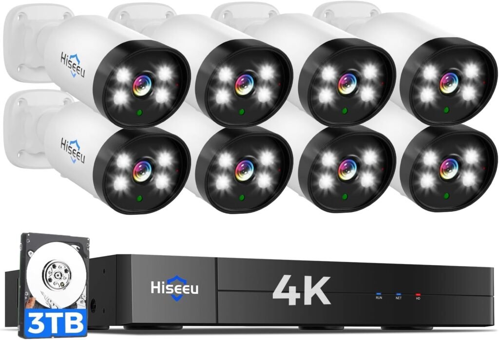 [4K Ultra HD+Alarm Spotlight] Hiseeu 4K Wired Security Camera System with Audio,3TB Hard Drive,AI Human/Vehicle Detection,Indoor/Outdoor Surveillance DVR Kit,8PCS 8MP Home CCTV Cameras,Smart Playback