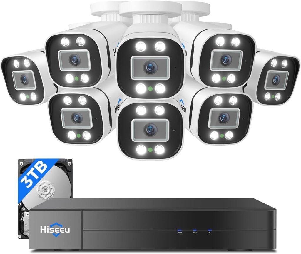[4K Ultra HD+Alarm Spotlight] Hiseeu 4K Wired Security Camera System with Audio,3TB Hard Drive,AI Human/Vehicle Detection,Indoor/Outdoor Surveillance DVR Kit,8PCS 8MP Home CCTV Cameras,Smart Playback