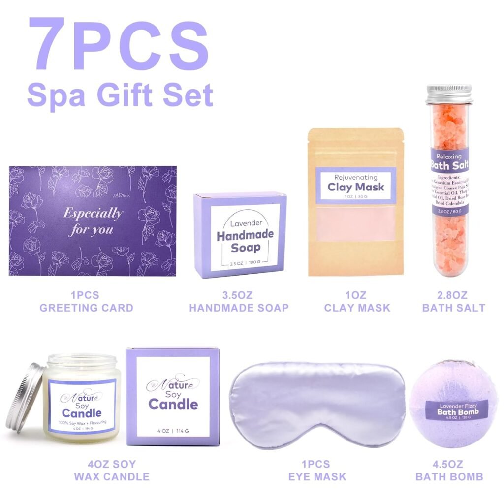 7pcs Handmade Spa Gift Set, Handmade Skin Care Sets for Women,Relaxing Birthday Gift and Spa Gifts for Women (Lavender 7pcs)