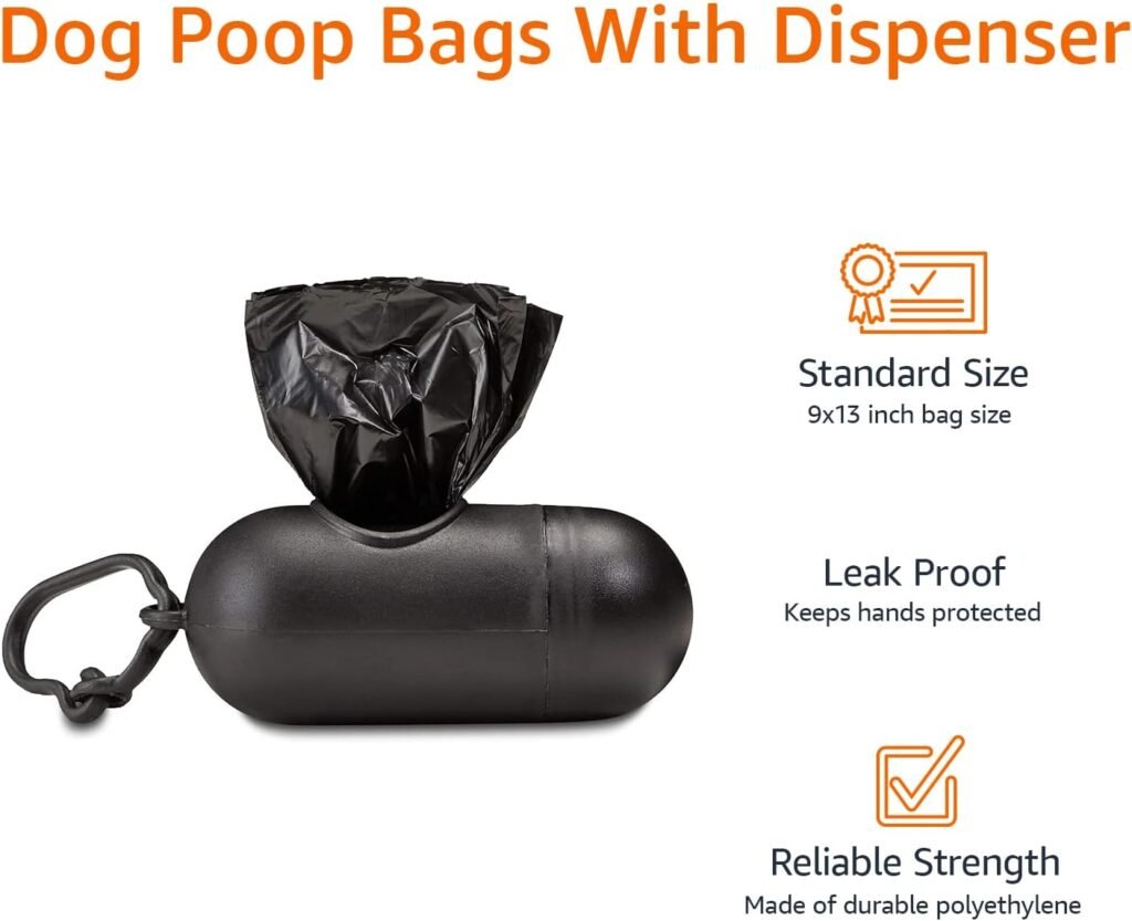 Amazon Basics Dog Poop Bags with Dispenser, 300 Count, Enhanced for Guaranteed Leakproof, Unscented, Includes Leash Clip