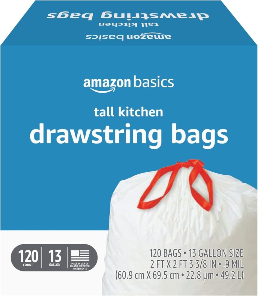 Amazon basics trash bags tall kitchen drawstring unscented 13 gallon 120 count pack of 1