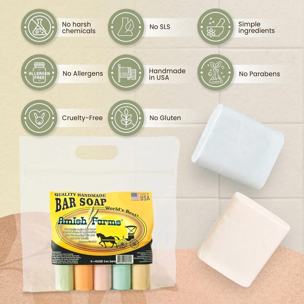 Amish Farms Soap Bar with All Natural Bentonite Clay | Made in USA, Vegan Moisturizing for Sensitive Skin | Women  Mens Face  Body Bath Soap for Shower | Clean Scent | 5 Ounce Each (5 Bars)
