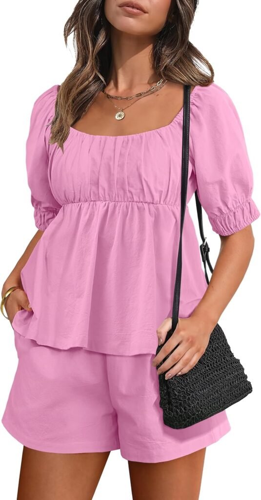 ANRABESS Women 2 Piece Outfits Babydoll Linen Short Sets Square Neck Puffed Sleeve Backless Tops Beach 2025 Summer Clothes