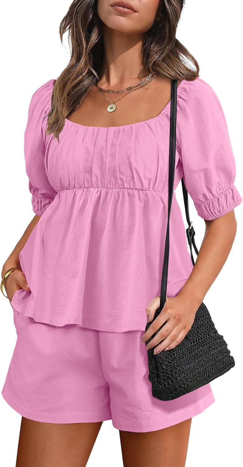 Anrabess women 2 piece outfits babydoll linen short sets square neck puffed sleeve backless tops beach 2025 summer cloth
