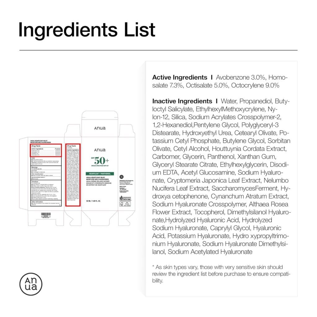 Anua Heartleaf Silky Moisture Mild Sunscreen, Broad Spectrum SPF 50+ with Moisturizing Formula, Lightweight Korean Sunscreen, Natural finish, Vegan, korean skin care 50ml / 1.69 fl. oz.
