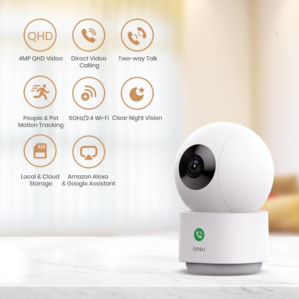 AOSU 4MP Security Camera Indoor - 2.5K Baby Monitor Pet Camera 360° for Home Security, WiFi Camera with 5/2.4 GHz Wi-Fi Router, One-Touch Call, Smart Motion Tracking (2 Pack)