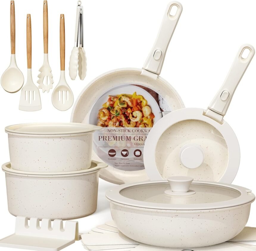 Astercook 21 pcs pots and pans set non stick ceramic cookware set detachable handle rv kitchen cooking set removable han