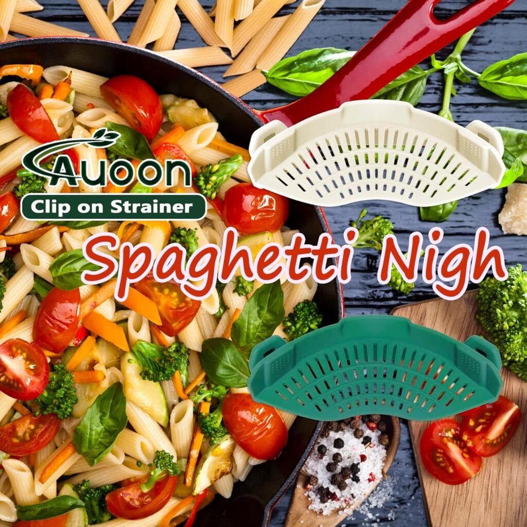 AUOON Clip On Strainer Silicone for All Pots and Pans, Pasta Strainer Clip on Food Strainer for Meat Vegetables Fruit Silicone Kitchen Colander