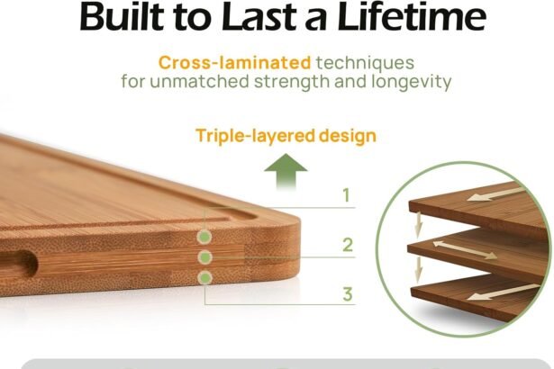 Bamboo cutting board durable wood cutting boards for kitchen with deep juice grooves built in handles ideal charcuterie 1 2