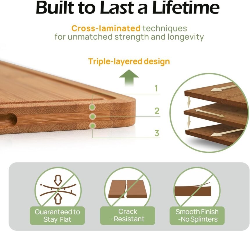 Bamboo cutting board durable wood cutting boards for kitchen with deep juice grooves built in handles ideal charcuterie 1 2