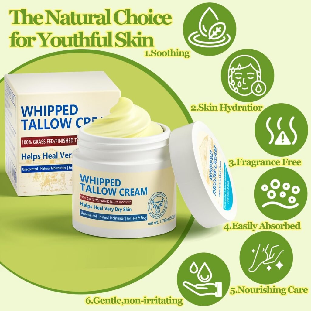 Beef Tallow, Beef Tallow for Skin, Beef Tallow Face Moisturiser, Grass Fed Beef Tallow for Skin Care - Natural Handmade Lotion Whipped Beef Tallow Cream for Face  Body Sensitive Skin