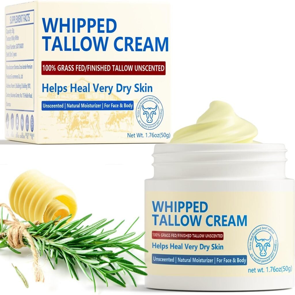 Beef Tallow, Beef Tallow for Skin, Beef Tallow Face Moisturiser, Grass Fed Beef Tallow for Skin Care - Natural Handmade Lotion Whipped Beef Tallow Cream for Face  Body Sensitive Skin