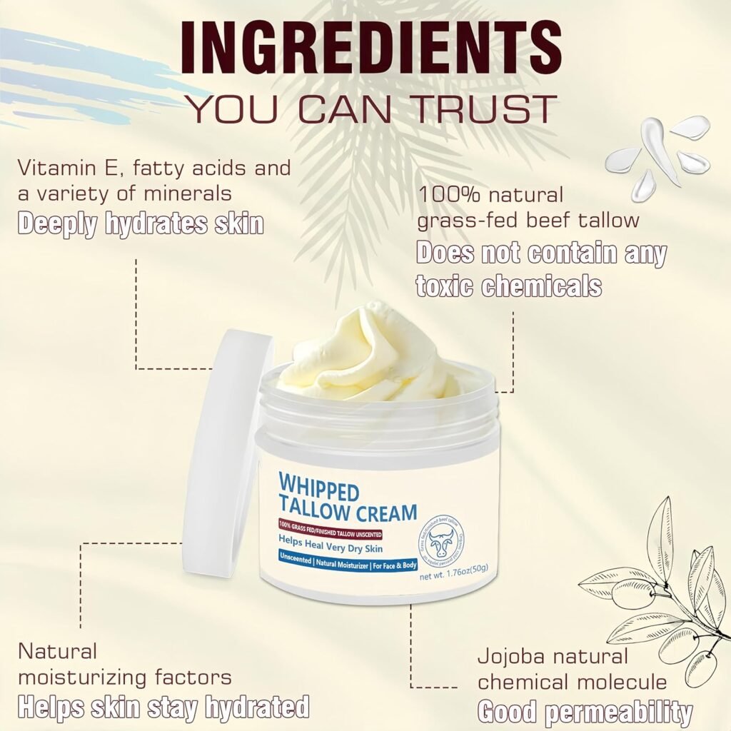Beef Tallow for Skin, Beef Tallow Face Moisturiser, 100% Grass Fed Beef Tallow for Skin Care - Natural Handmade Lotion Whipped Beef Tallow Cream for Face  Body Sensitive Skin - 1.76 OZ.