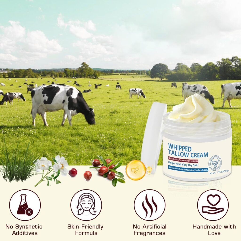 Beef Tallow for Skin, Beef Tallow Face Moisturiser, 100% Grass Fed Beef Tallow for Skin Care - Natural Handmade Lotion Whipped Beef Tallow Cream for Face  Body Sensitive Skin - 1.76 OZ.