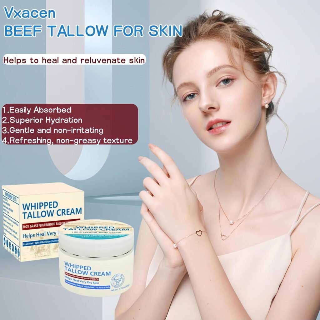 Beef Tallow for Skin, Beef Tallow Face Moisturiser, 100% Grass Fed Beef Tallow for Skin Care - Natural Handmade Lotion Whipped Beef Tallow Cream for Face  Body Sensitive Skin - 1.76 OZ.