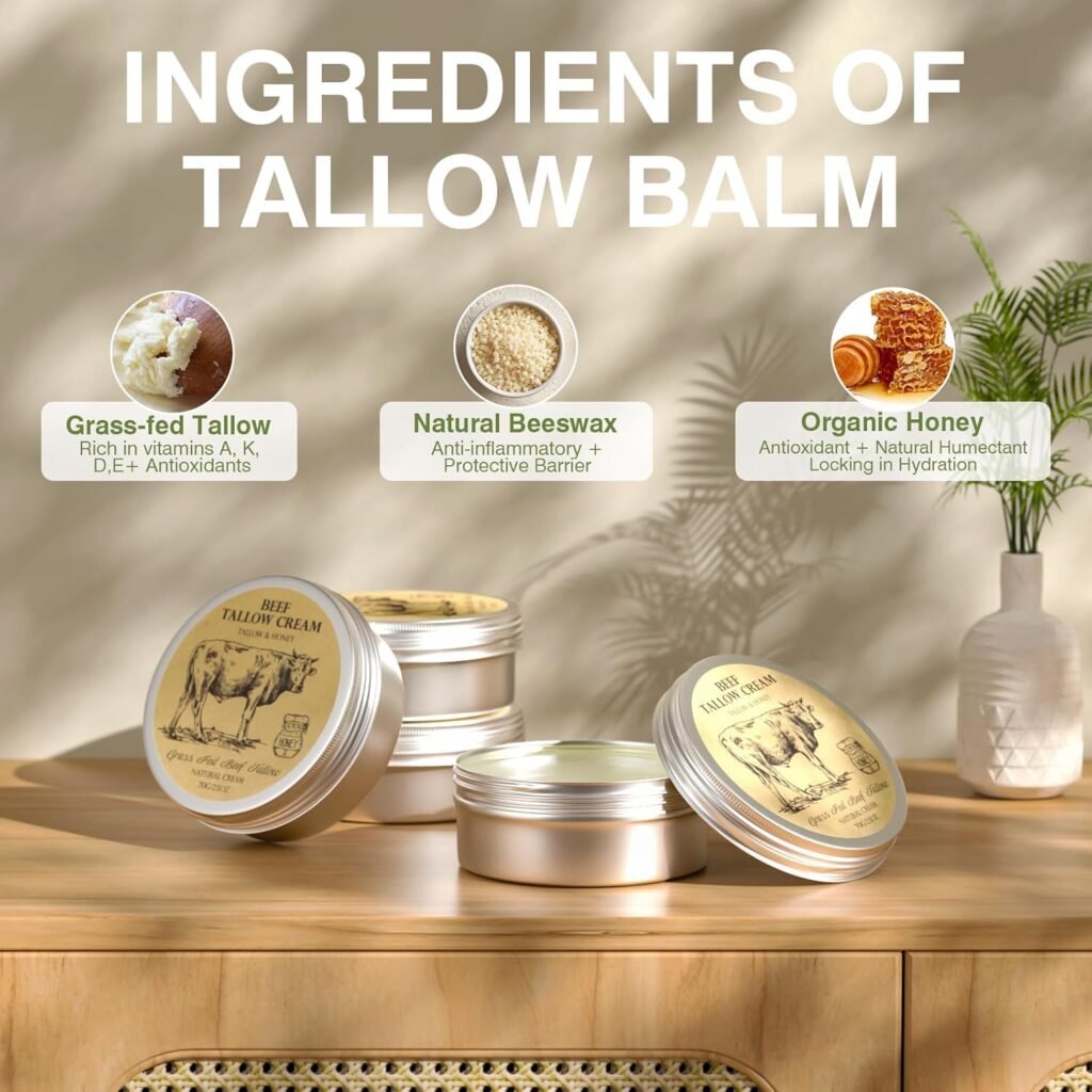 Beef Tallow for Skin, Tallow and Honey Cream,Tallow Face Moisturizer, Natural Organic Grass-Fed Beef Tallow Balm with Raw Honey Moisturizing Cream for Body Lotion Skin Care for Sensitive Skin (2.5oz)