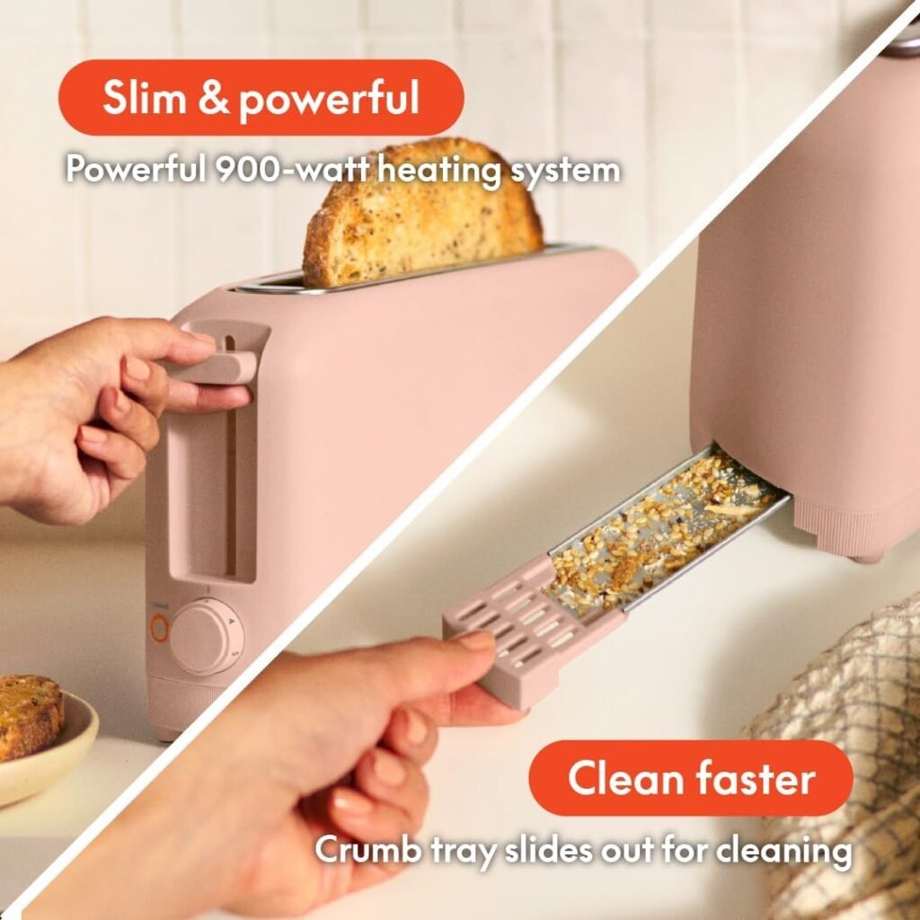 bella 2 Slice Slim Toaster, Fits-anywhere™ Kitchenware, 6 Setting Shade Control with Reheat  Cancel Buttons, Removable Crumb Tray, 10” Long Slot, Anti Jam  Auto Shutoff, 900 Watt, Oatmilk