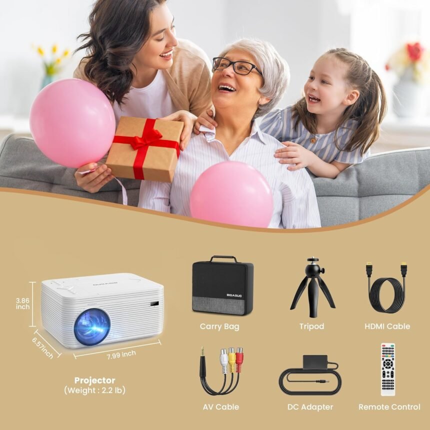 Bigasuo hd 9000l bluetooth projector built in dvd player mini outdoor movie projector 1080p and 250supported with tripod 1