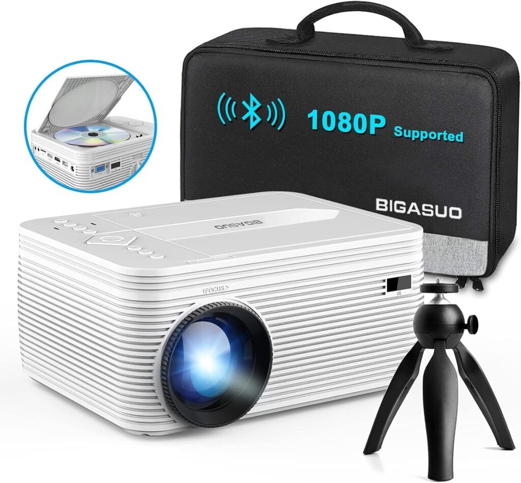 BIGASUO HD 9000L Bluetooth Projector Built in DVD Player, Mini Outdoor Movie Projector 1080P and 250”Supported with Tripod and Carry Bag, Compatible w/ TV Stick, PS5, Laptop