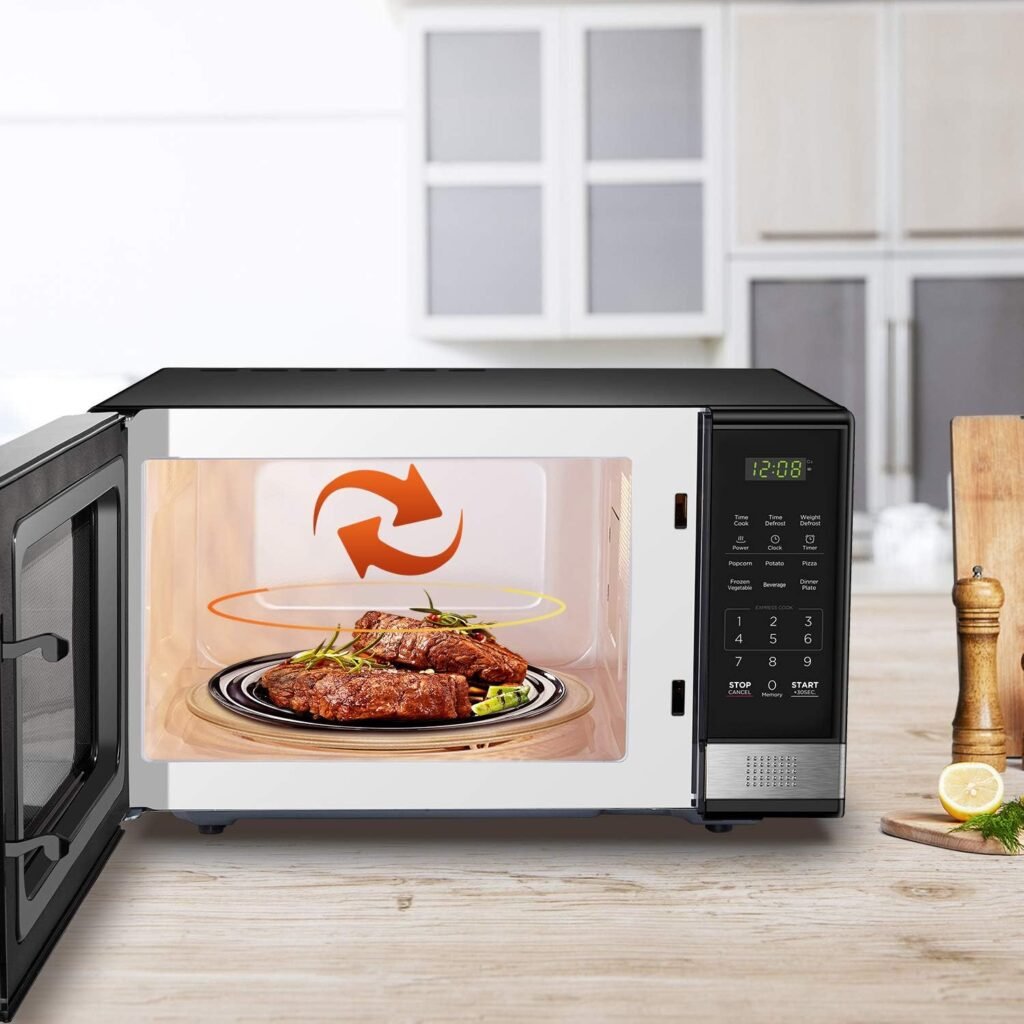 BLACK+DECKER EM031MB11 Digital Microwave Oven with Turntable Push-Button Door, Child Safety Lock, 1000W, 1.1cu.ft, Black  Stainless Steel, 1.1 Cu.ft