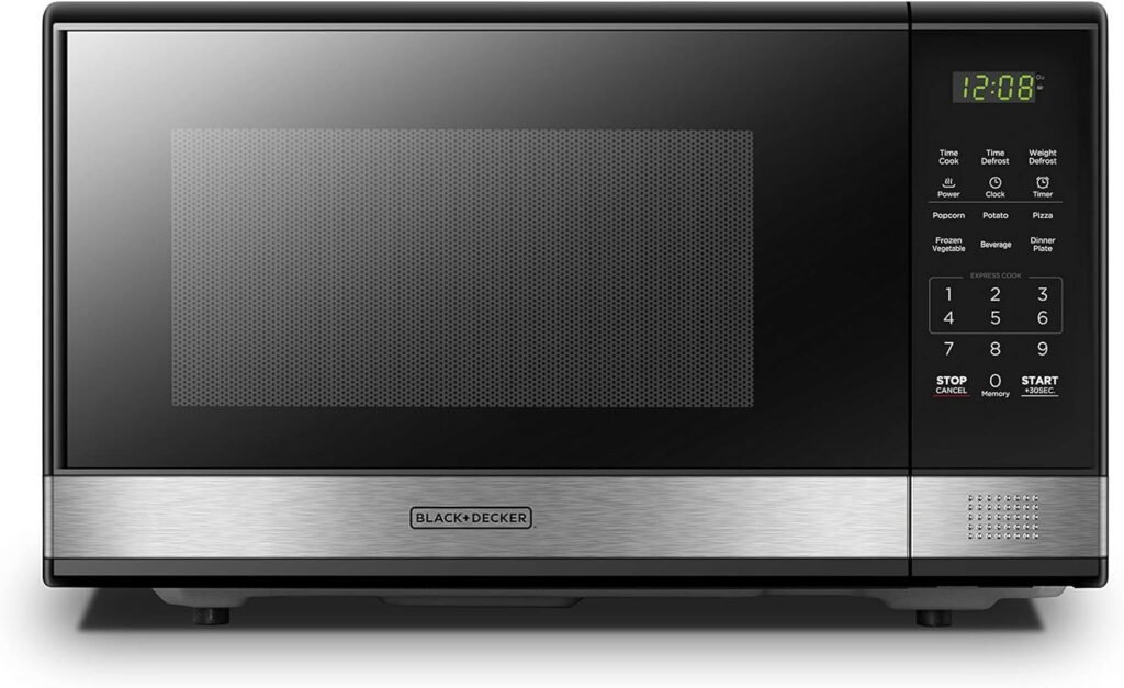 BLACK+DECKER EM031MB11 Digital Microwave Oven with Turntable Push-Button Door, Child Safety Lock, 1000W, 1.1cu.ft, Black  Stainless Steel, 1.1 Cu.ft