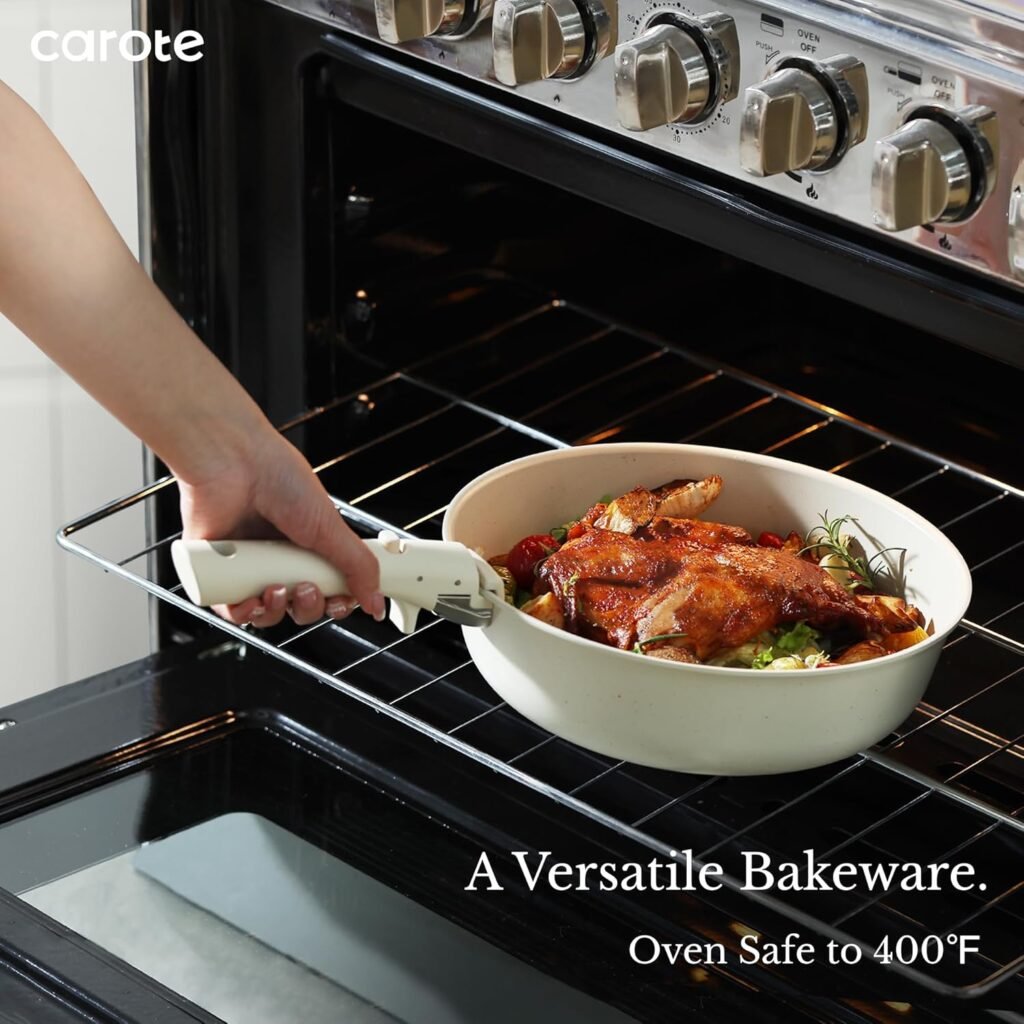 CAROTE 11pcs Pots and Pans Set, Nonstick Cookware Detachable/Removable Handle, Induction RV Kitchen Set, Oven Safe, Cream White