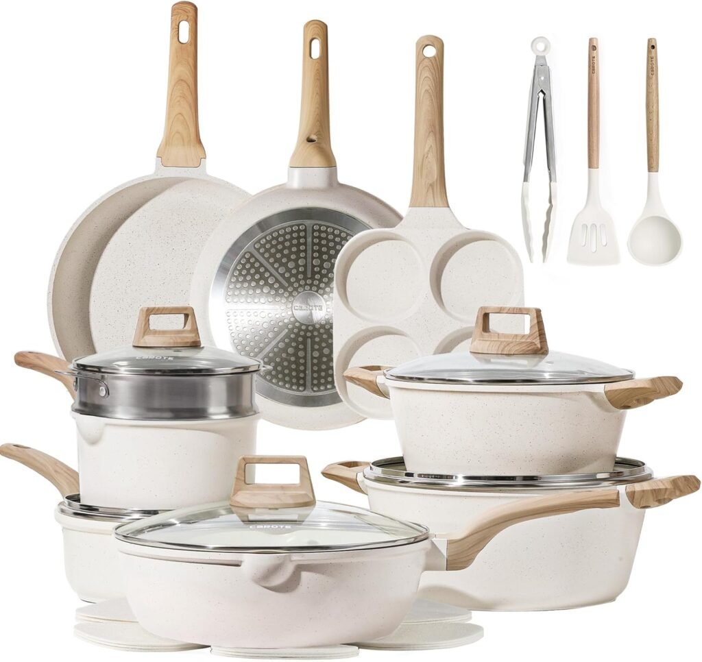 CAROTE 21Pcs Pots and Pans Set, Nonstick Cookware Sets, White Granite Induction Cookware Non Stick Cooking Set w/Frying Pans  Saucepans(PFOS, PFOA Free)