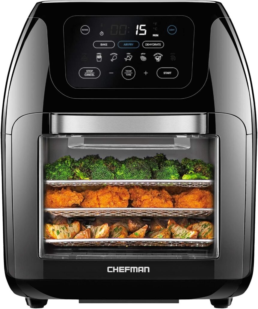 Chefman multifunctional digital air fryer rotisserie dehydrator convection oven 17 touch screen presets fry roast dehydr