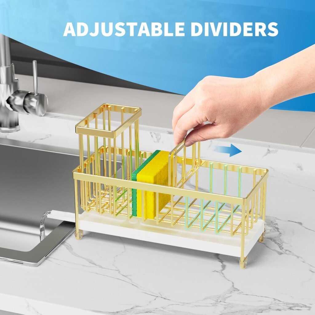 Cisily Sponge Holder for Kitchen Sink, Sink Caddy with High Brush Holder, Kitchen Sink Organizer Countertop Rustproof 304 Stainless Steel , Soap Dispenser Kitchen Organizers and Storage Essentials