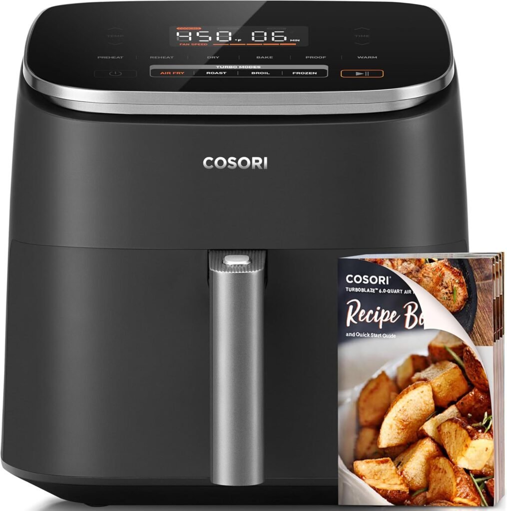 COSORI Air Fryer 9-in-1, Compact  Large 6-Qt, Fast Turbo Modes, 90°–450°F Even Results With Precise Temperature Control, Up to 95% Less Oil*, Roast, Bake, Dry, Reheat, Frozen, Broil, Proof, Grey