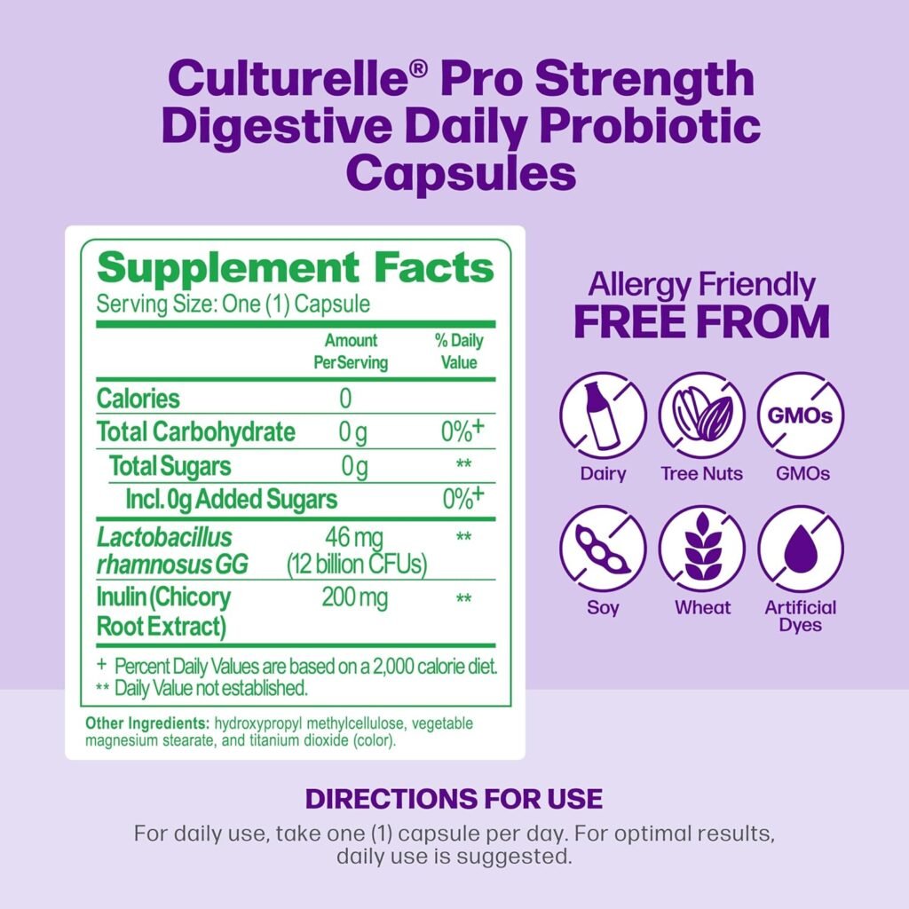 Culturelle Pro Strength Daily Probiotics For Digestive Health (2 Month Supply) with Prebiotics for Women  Men, Supports Occasional Diarrhea, Gas  Bloating, Gluten  Soy Free, 60 Count