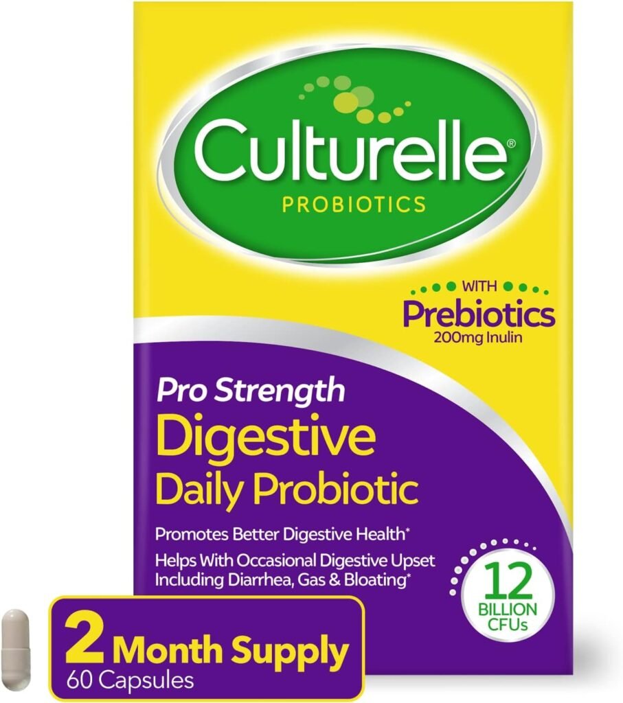 Culturelle Pro Strength Daily Probiotics For Digestive Health (2 Month Supply) with Prebiotics for Women  Men, Supports Occasional Diarrhea, Gas  Bloating, Gluten  Soy Free, 60 Count