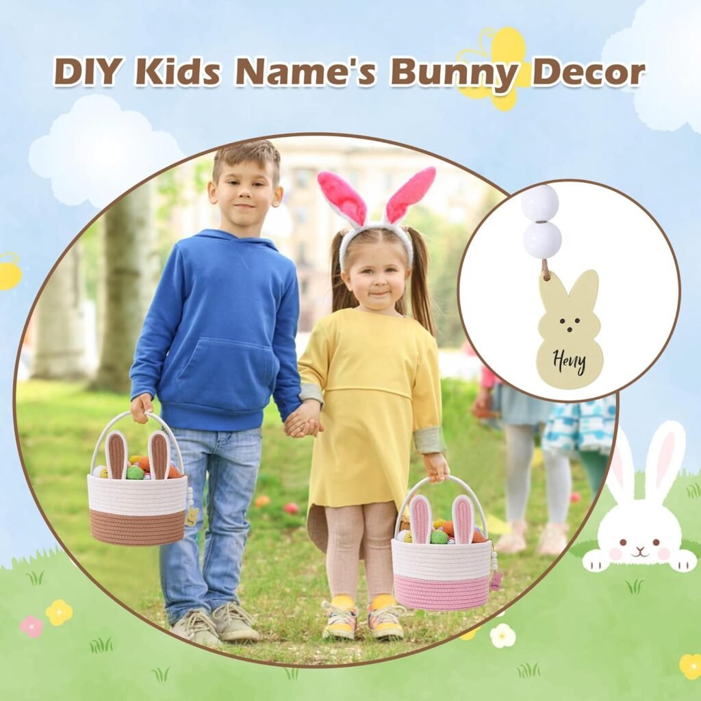 Easter Baskets for Kids, Large Bunny Personalized Easter Basket Empty with Handle, Basket Name Tags, Woven Rope Baby Easter Egg Baskets for Babies, Girls, Boys, Toddler, Infant, Easter Gifts