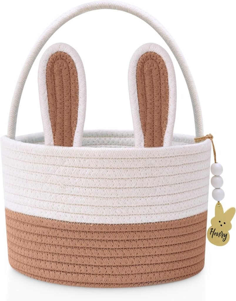 Easter Baskets for Kids, Large Bunny Personalized Easter Basket Empty with Handle, Basket Name Tags, Woven Rope Baby Easter Egg Baskets for Babies, Girls, Boys, Toddler, Infant, Easter Gifts