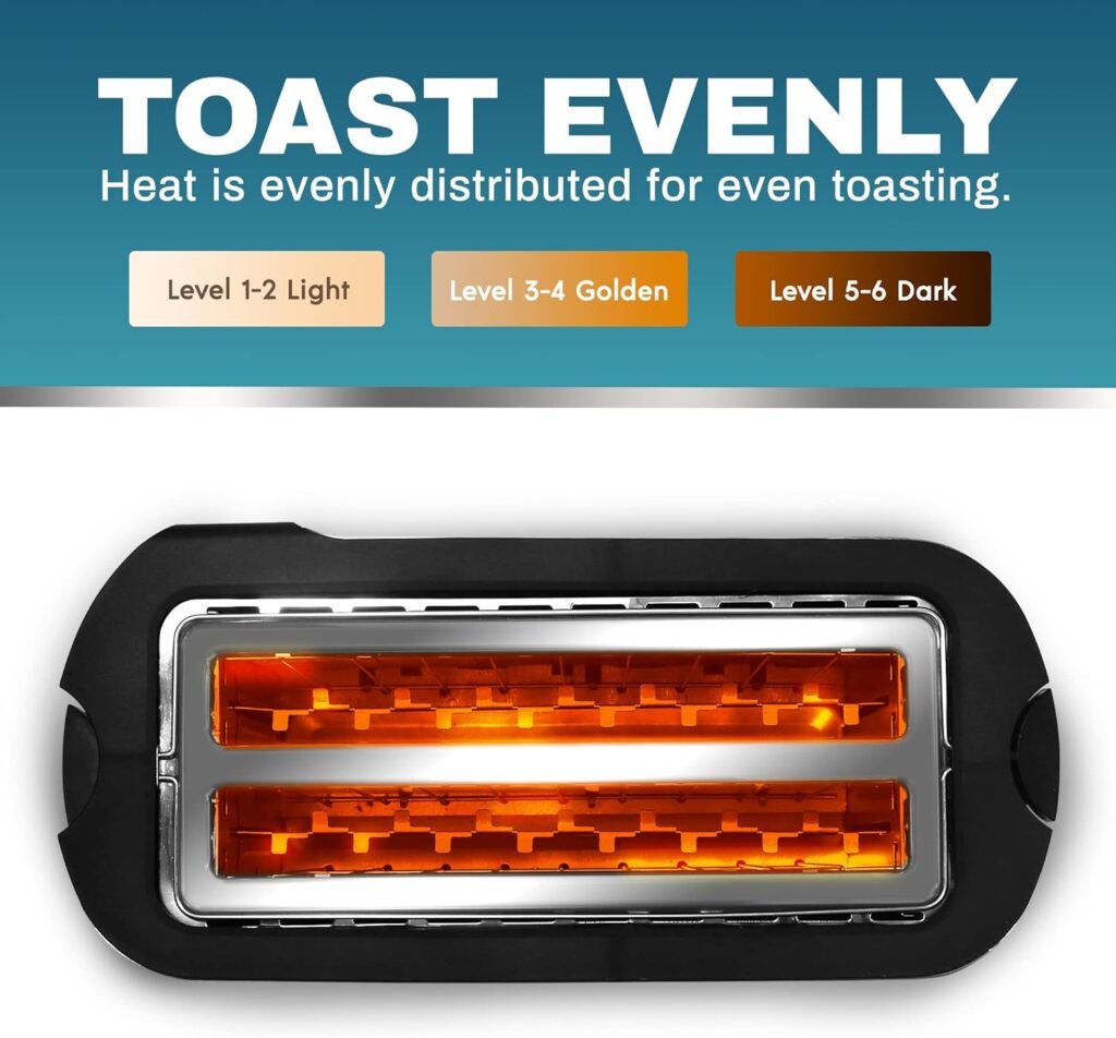 Elite Gourmet ECT1027B Cool Touch Toaster with 6 Temperature Settings  Extra Wide 1.25 Slots for Bagels, Waffles, Specialty Breads, Puff Pastry, Snacks, ETL Certified, 2 Slices, Black