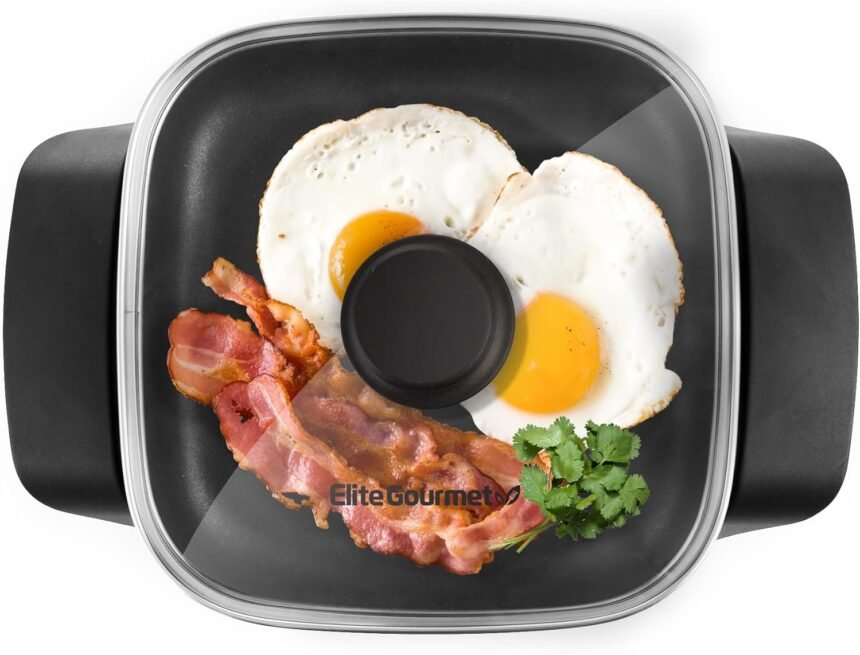 Elite gourmet eg808 8 x 8 non stick electric skillet dishwasher safe with tempered glass vented lid rapid heat up 600w b