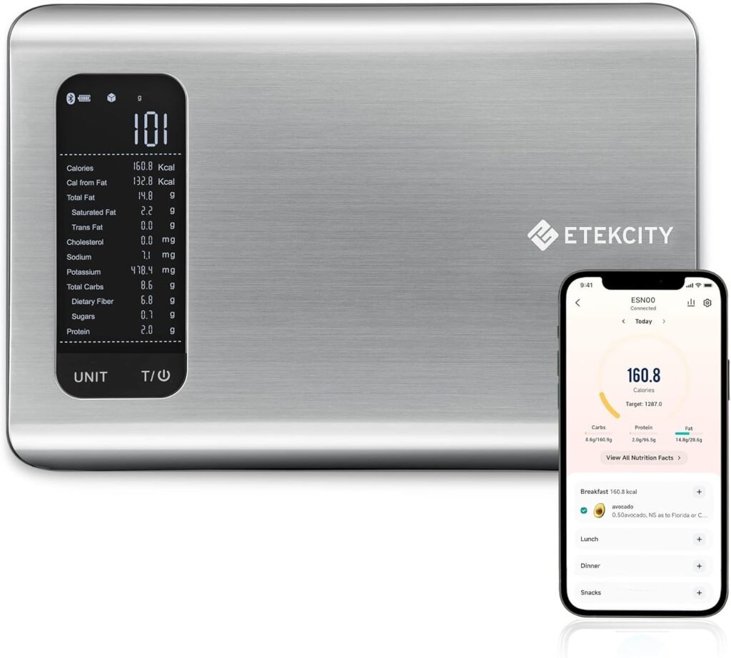 Etekcity Smart Food Kitchen Scale with Nutritional Calculator, Free App with 19 Nutrients Tracking, Calorie, Marco, Digital grams and ounces for weight loss, Premium Stainless Steel, 11lb