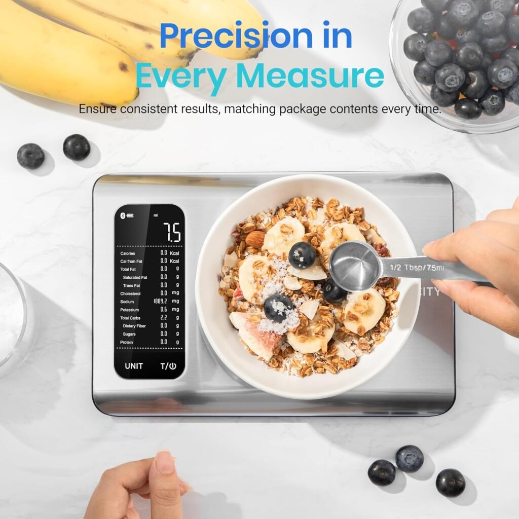 Etekcity Smart Food Kitchen Scale with Nutritional Calculator, Free App with 19 Nutrients Tracking, Calorie, Marco, Digital grams and ounces for weight loss, Premium Stainless Steel, 11lb