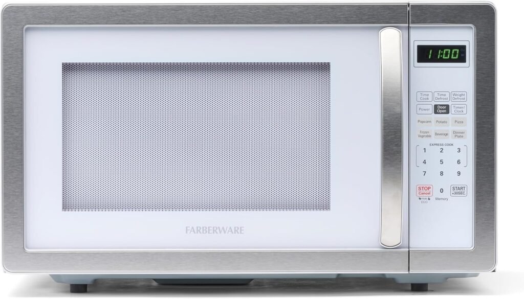 Farberware Countertop Microwave 1000 Watts, 1.1 cu ft - Microwave Oven With LED Lighting and Child Lock - Perfect for Apartments and Dorms - Easy Clean White, Platinum