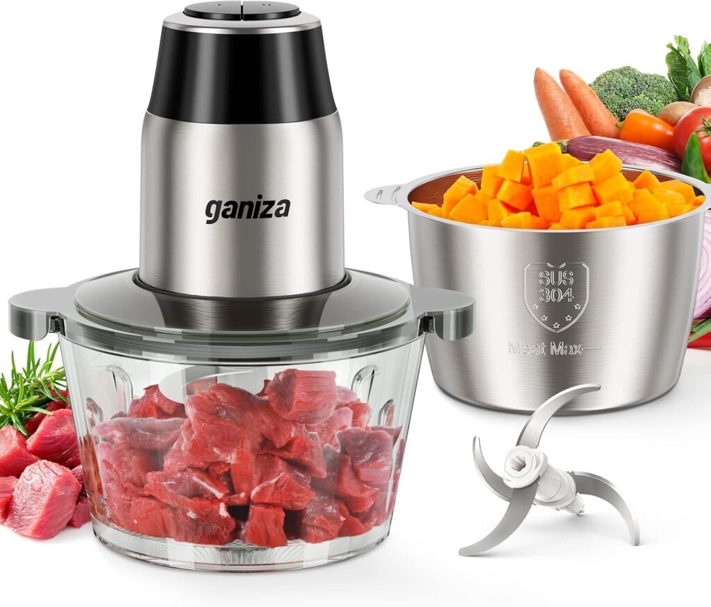 GANIZA Food Processors, Electric Food Chopper with Meat Grinder  Vegetable Chopper - 2 Bowls (8 Cup+8 Cup) with Powerful 450W Copper Motor - Includes 2 Sets of Bi-Level Blades for Fruits/Meat/Nuts