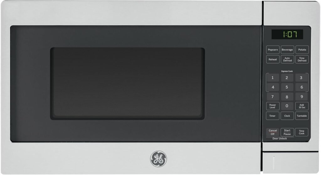 GE GCST07N1WSS Microwave Oven, 700-watt 6 Auto Cooking Settings, Kitchen Essentials for The Countertop, Dorm Room or Apartment, Child-Lock Technology 0.7 Cu. Ft, Stainless Steel