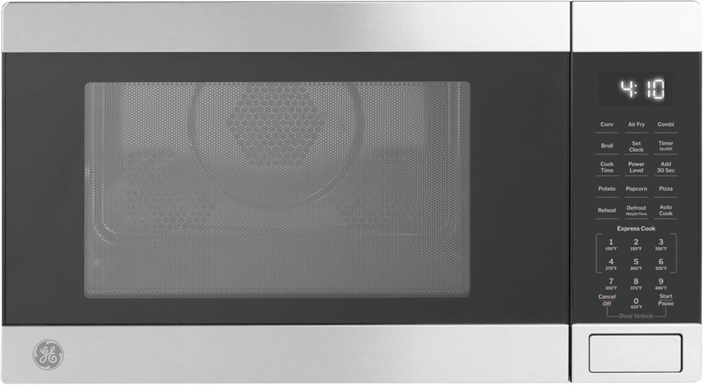 GE GCST10A1WSS 4-in-1 Microwave Oven, 1,050 Watts Air Fryer, Broiler  Convection Mode, Kitchen Essentials for The Countertop or Dorm Room, Child-Lock Technology 1.0 Cu. Ft, Stainless Steel